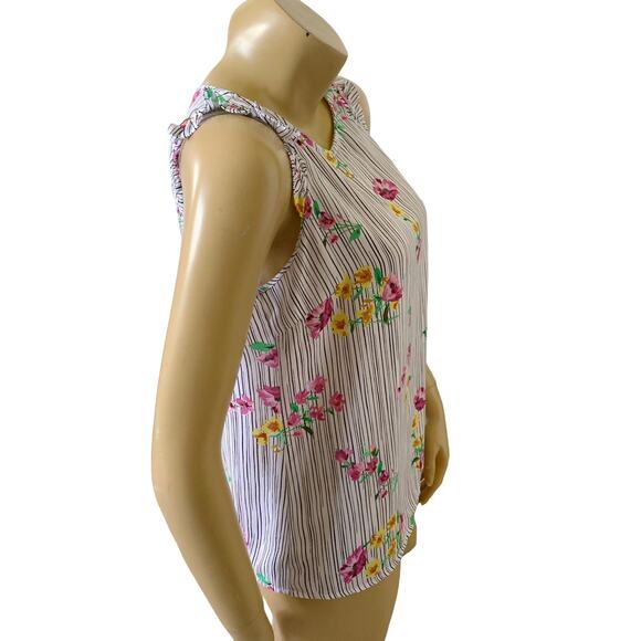 ELLE Womens Size XS Sleeveless Ruffled Striped Floral Print Tank Top Shirt - Picture 3 of 7
